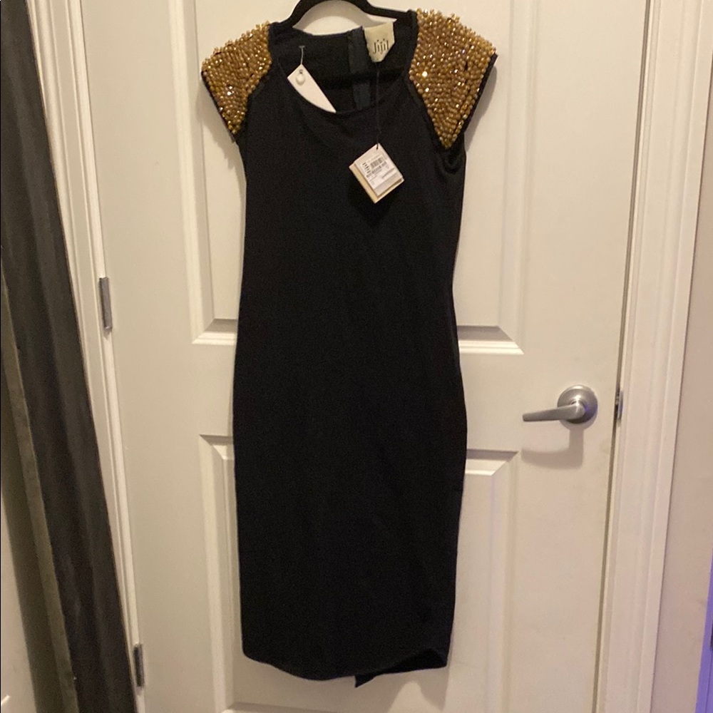 Jijil Black and Gold Beaded Embellished Midi Dress